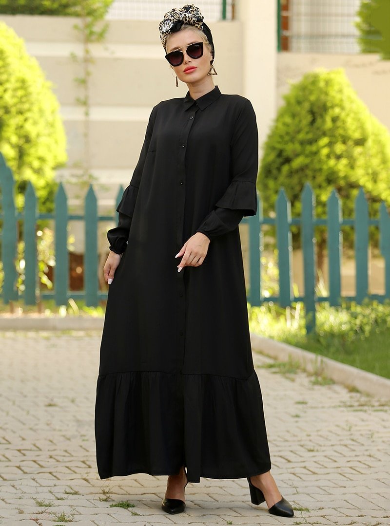 Myzen Siyah Kolu Fırfırlı Büzgülü Elbise
