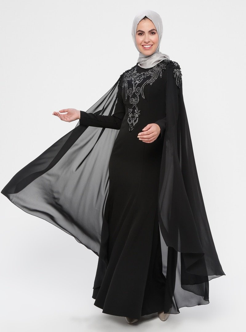 DMN Siyah Taşlı Boncuklu Pelerin Detaylı Abiye Elbise