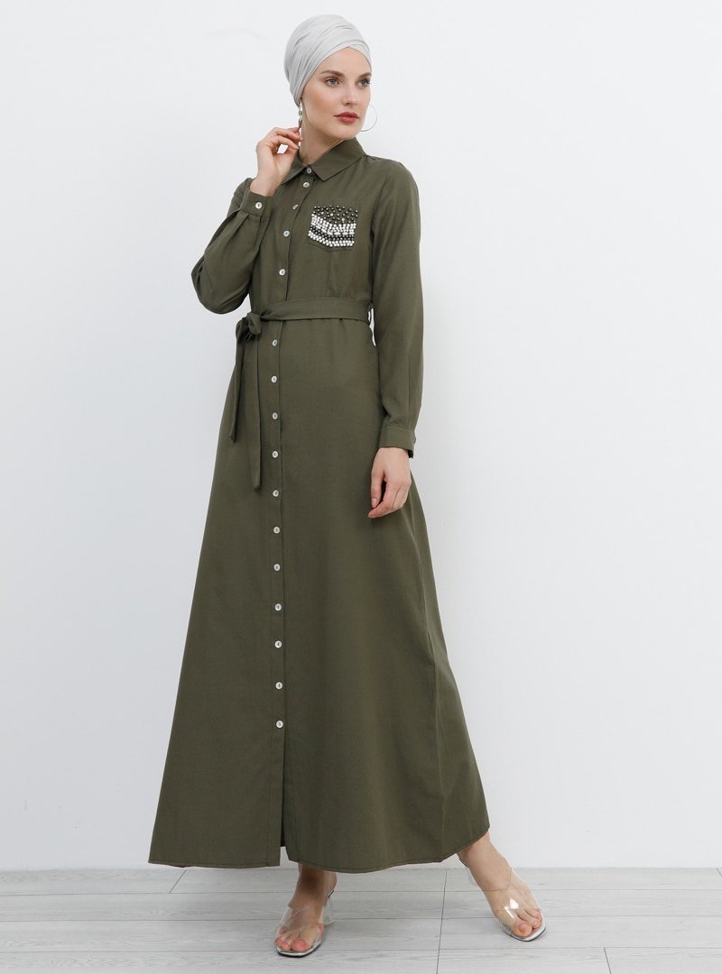 Refka Soft Haki Boydan Düğmeli Taş&Boncuk Detaylı Elbise