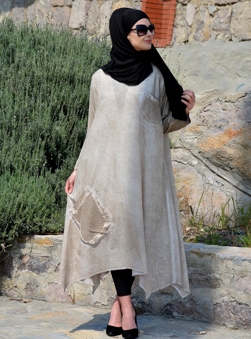 Henna Elısa Taş Rengi Organik Kumaş Bohem Elbise