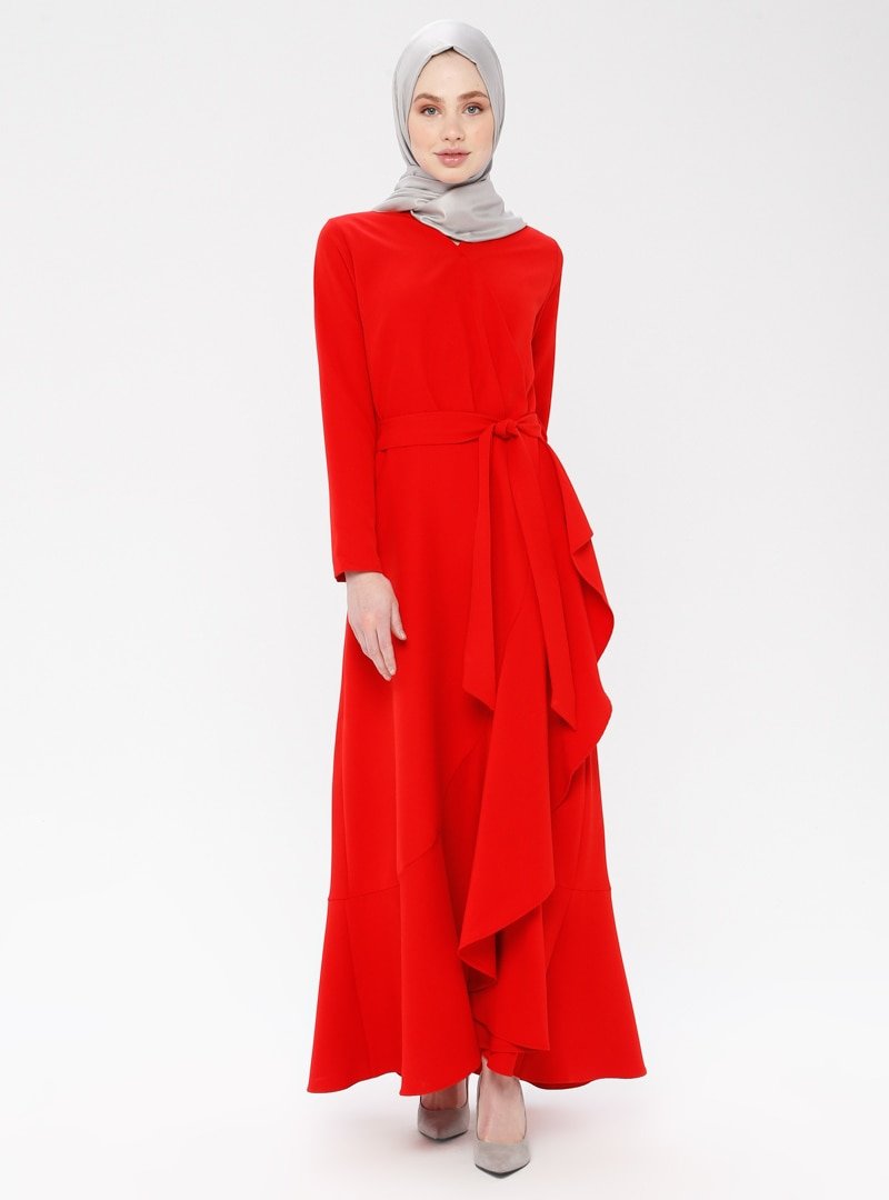 Panaline Kırmızı Volanlı Elbise