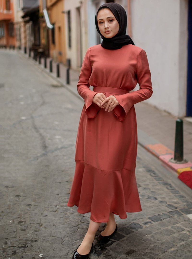 Sazze Design Kiremit Volanlı Elbise