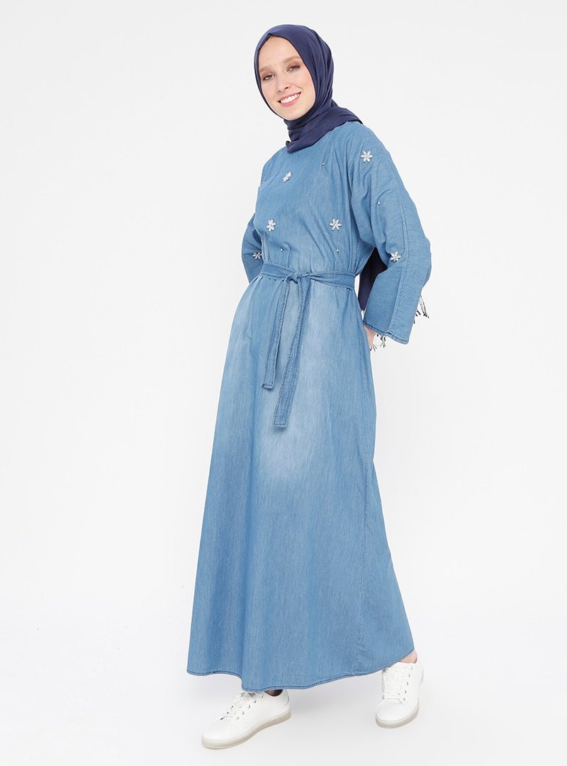 Tuncay Açık Mavi İncili Kot Elbise