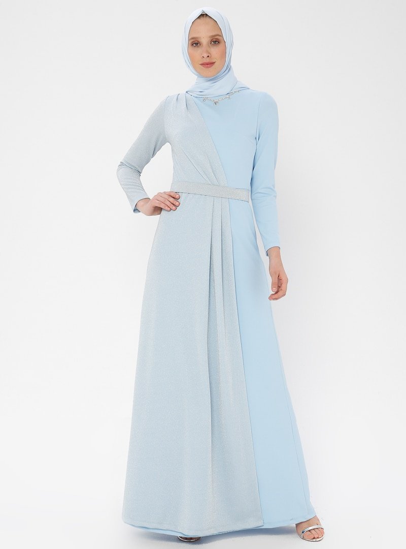 Arin Mavi Kolye Detaylı Simli Abiye Elbise