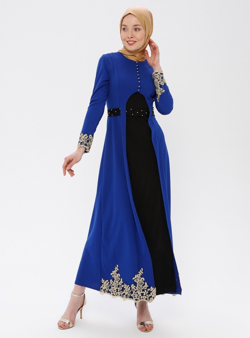 Tuana Saks Mavisi Nakışlı & Taşlı Abiye Elbise