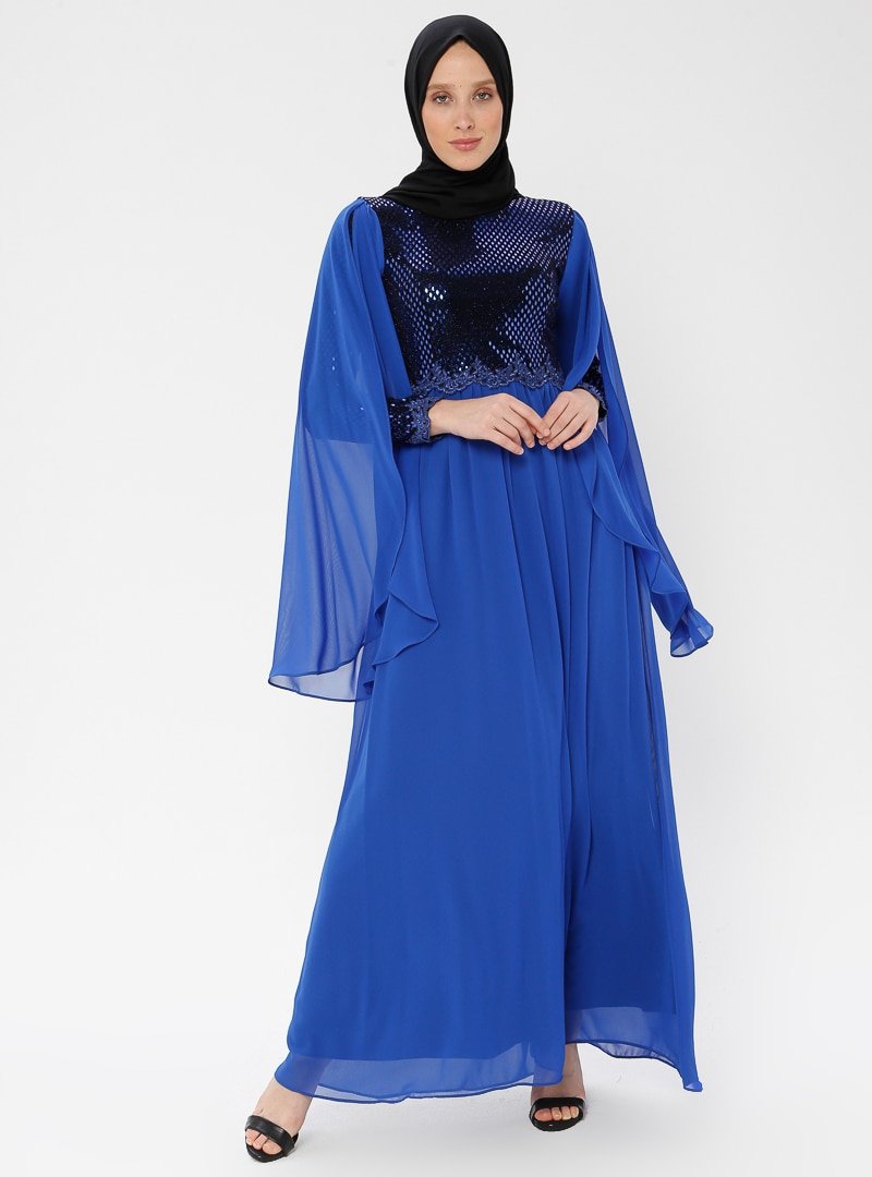 Arin Saks Mavisi Kol Ucu İşlemeli Pul Detaylı Şifon Abiye Elbise