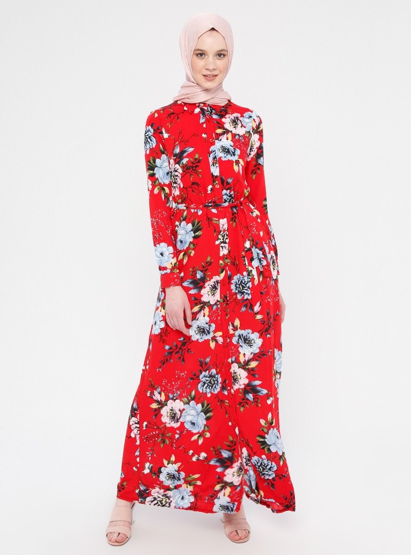 Mileny Kırmızı Çiçek Desenli Elbise