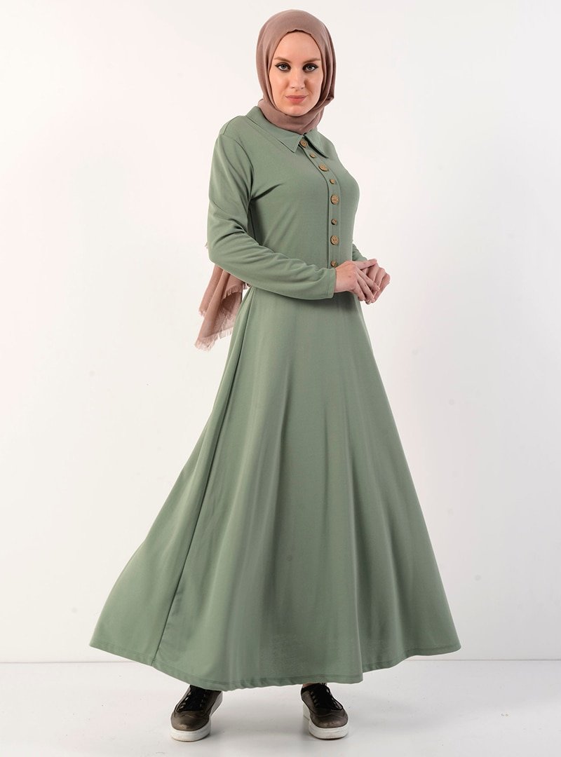Nefise Yeşil Düğmeli Detaylı Elbise