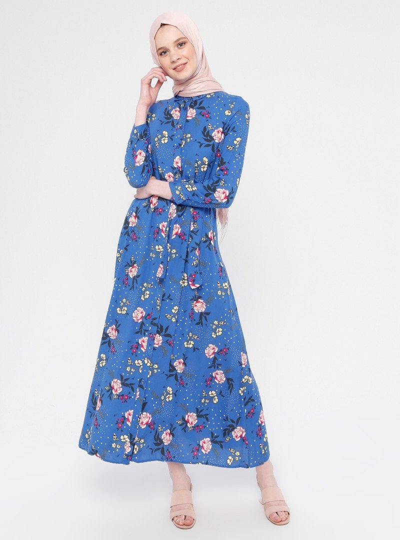 Mileny Mavi Çiçek Desenli Elbise
