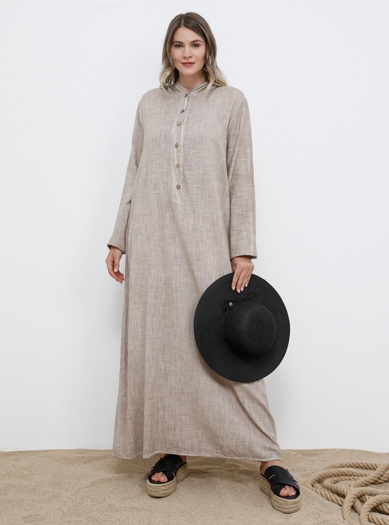 Alia Bej Doğal Kumaşlı Düğme Detaylı Kapüşonlu Elbise