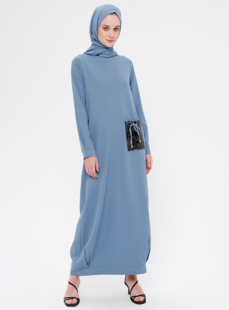 Moda Zenis Mavi Payetli Cep Detaylı Elbise