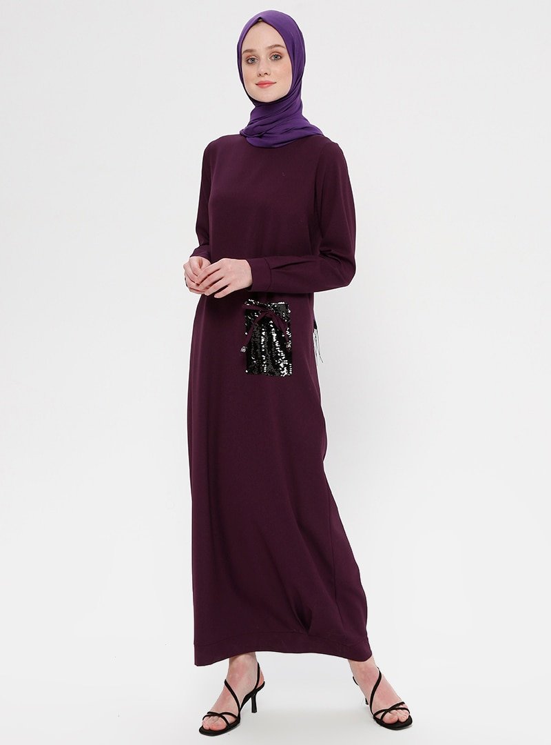 Moda Zenis Mor Payetli Cep Detaylı Elbise