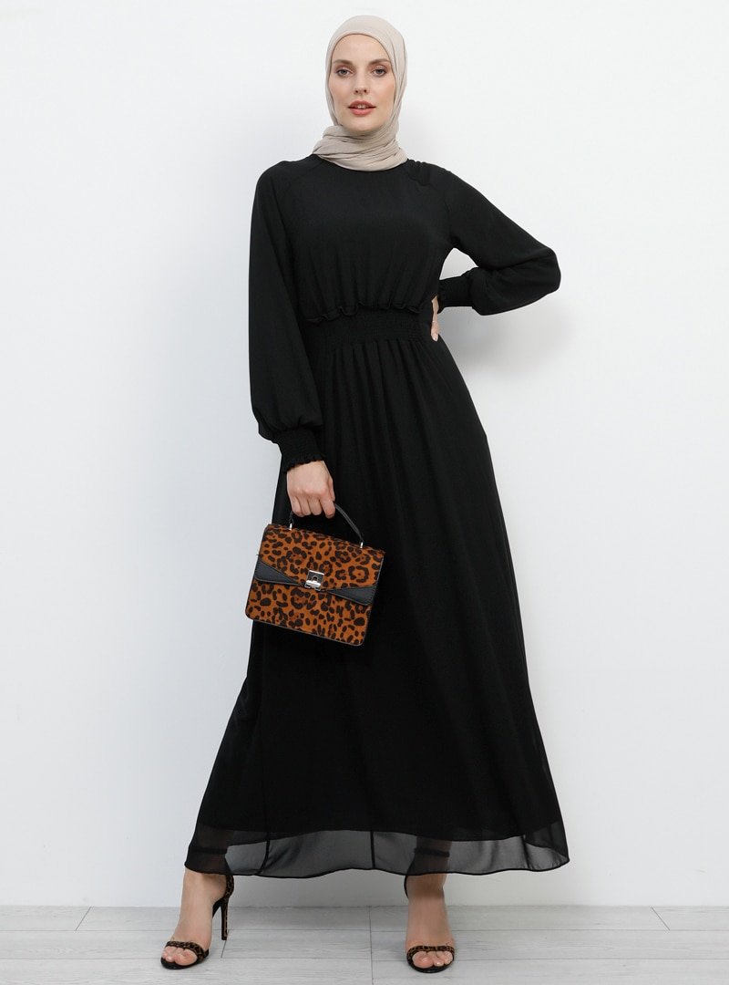 Refka Siyah Gipe Detaylı Şifon Elbise