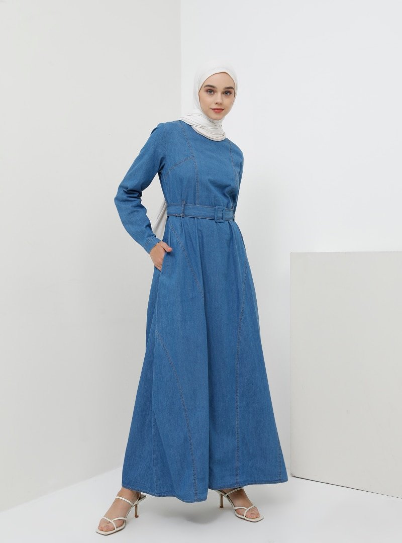 Benin Açık Mavi Doğal Kumaşlı Cep Detaylı Kot Elbise