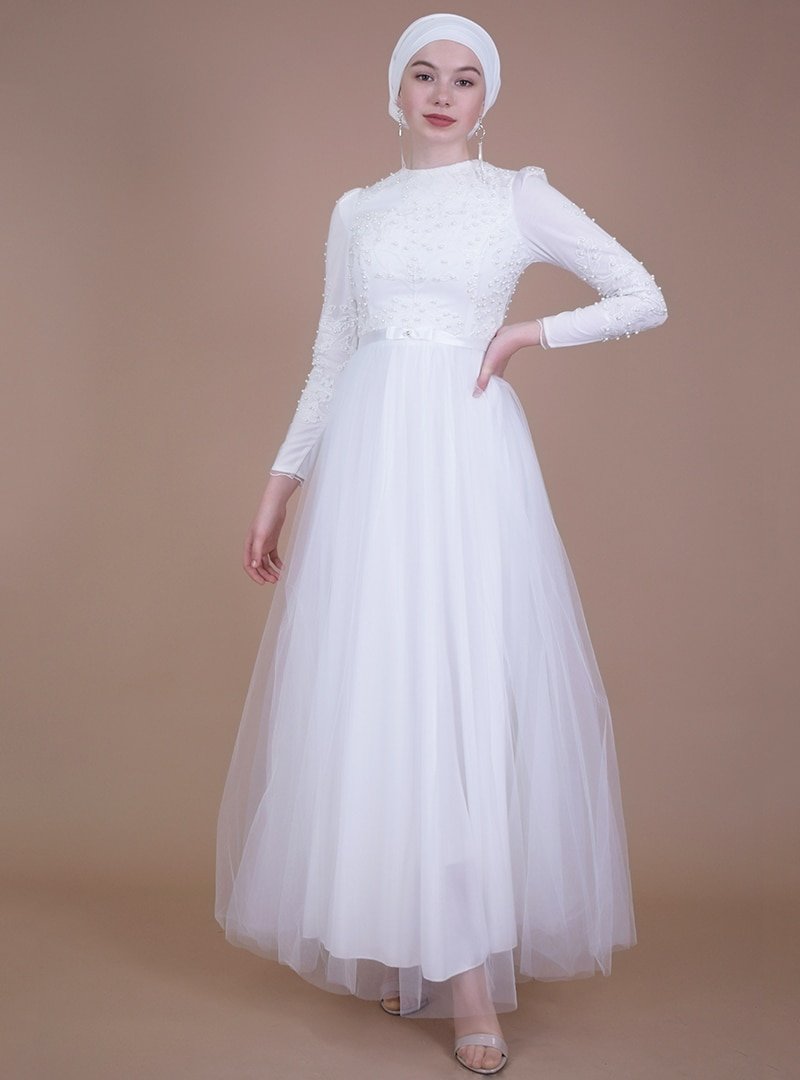Sew&Design Beyaz İncili Sim Nakışlı Abiye Elbise