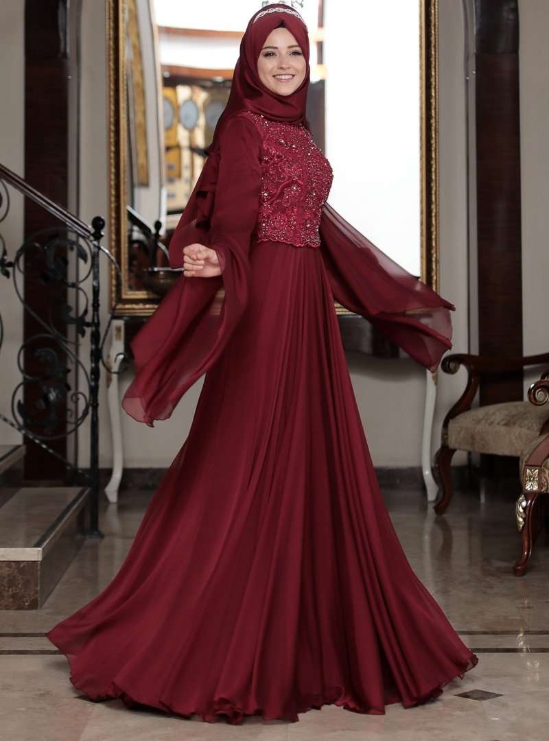 Al-Marah Bordo Gözde Abiye Elbise