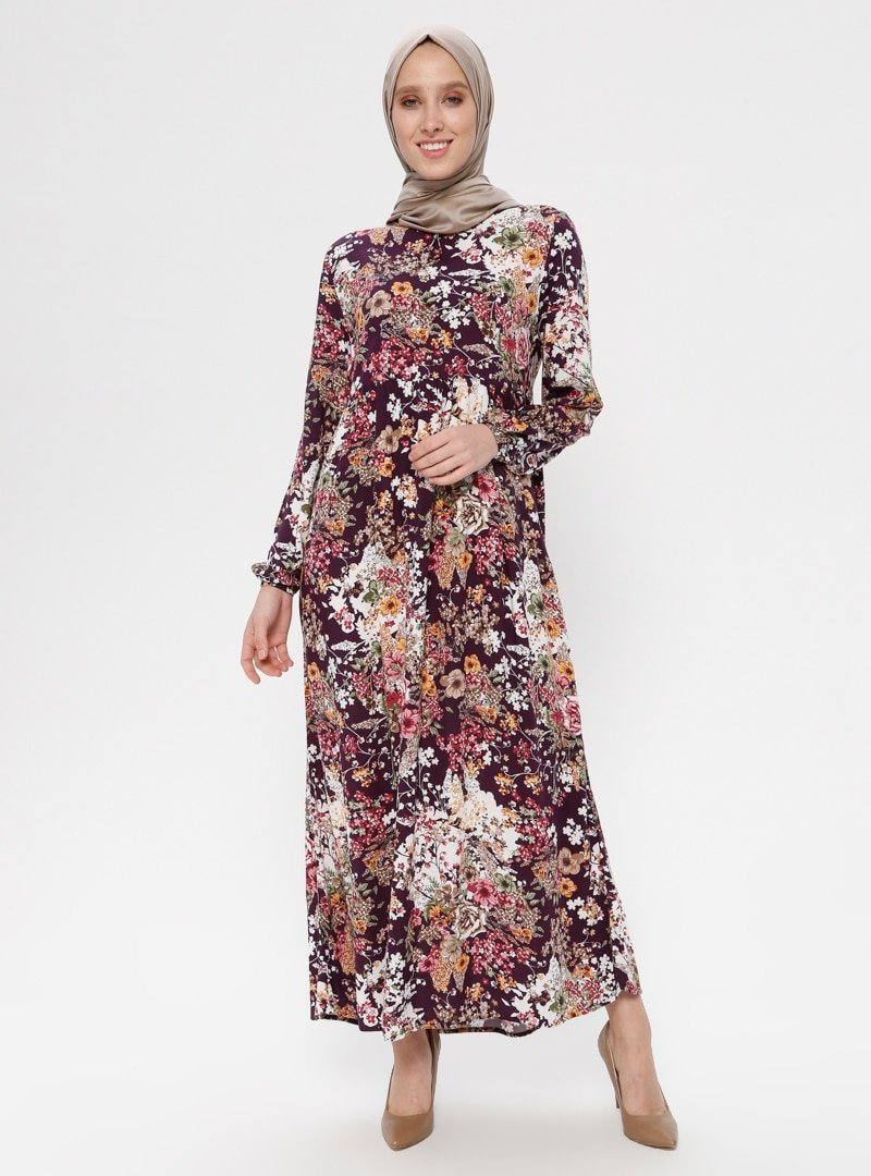 ECESUN Mürdüm Yakası Bağcıklı Elbise