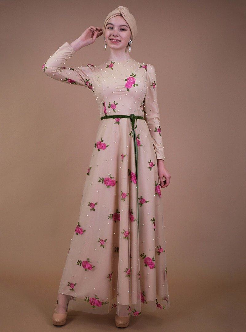Sew&Design Bej-fusya İnci Nakışlı Abiye Elbise