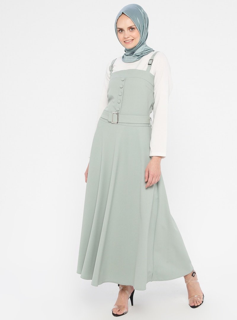 Tuana Mint Kemer Detaylı Askılı Elbise