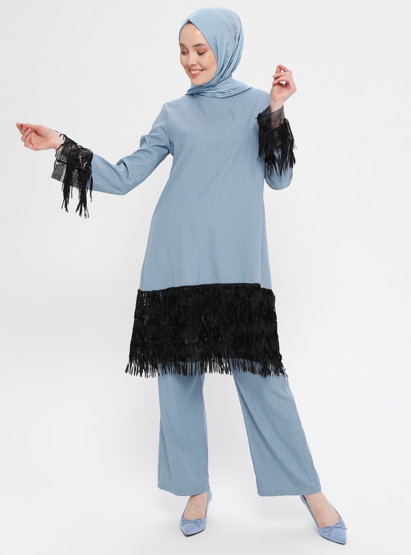 BÜRÜN Mavi Püskül Detaylı Tunik & Pantolon İkili Takım