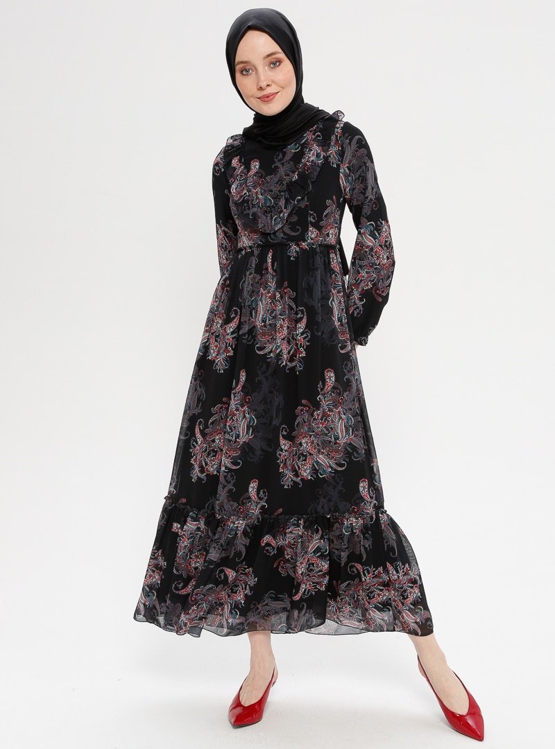 Loreen By Puane Siyah Volan Yaka Detaylı Elbise