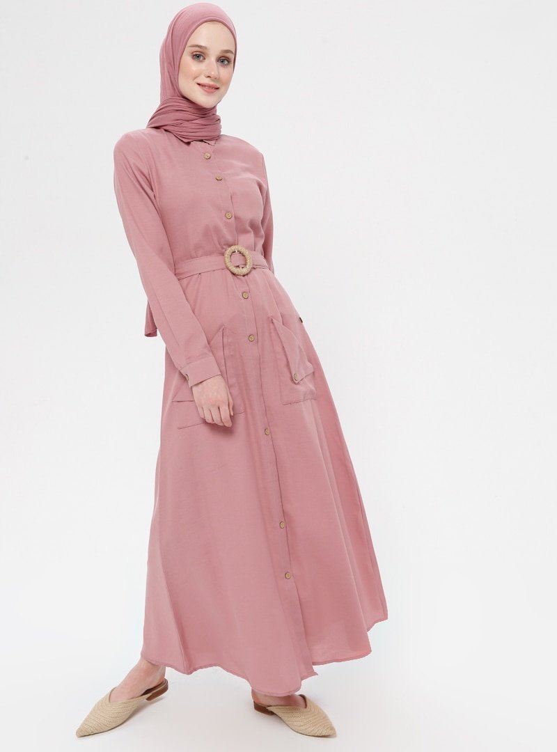 Pink Lady`s Pudra Hasır Aksesuarlı Kemer Detaylı Elbise