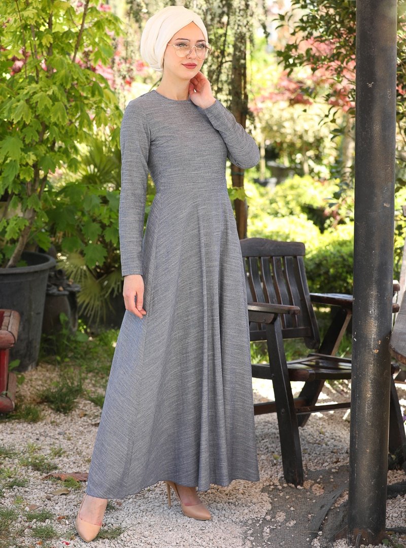 İnşirah Lacivert Doğal Kumaşlı Elbise