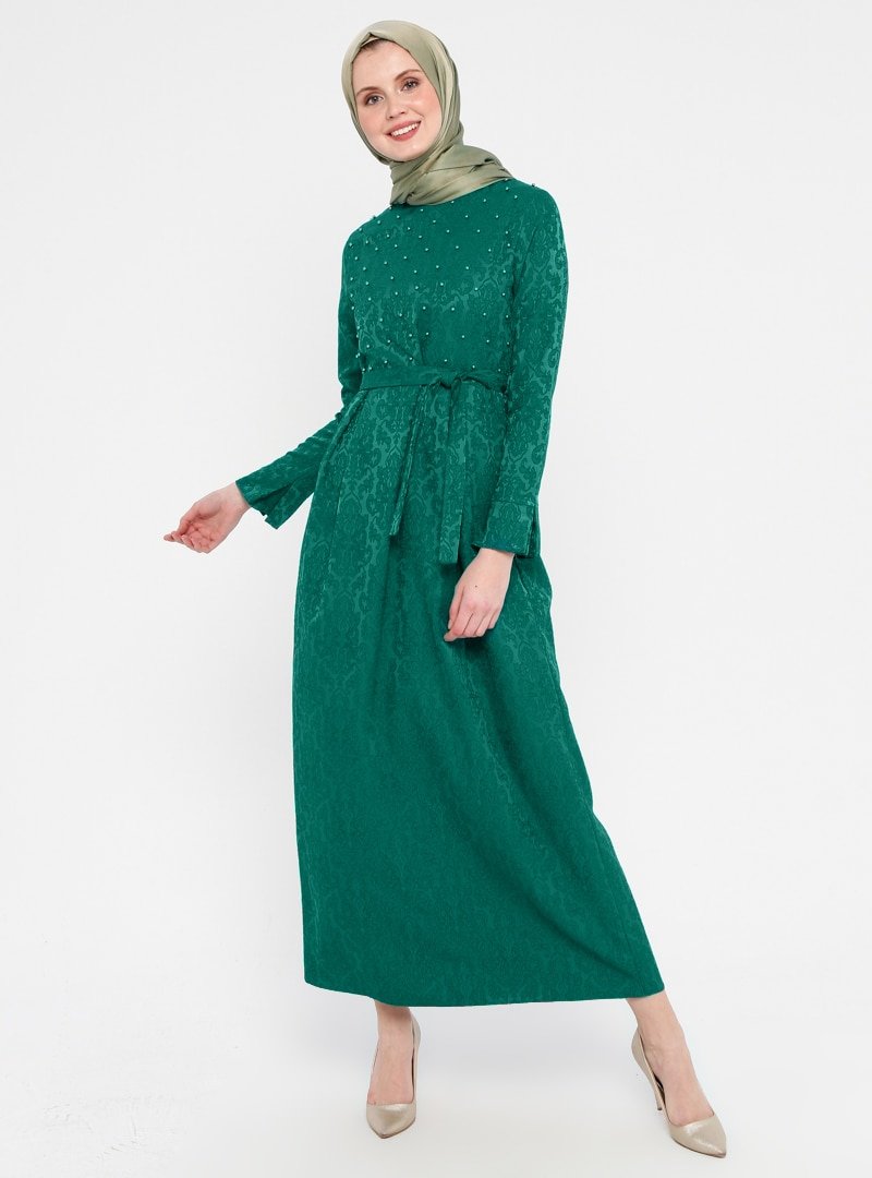 Zinet Yeşil İnci Detaylı Jakarlı Elbise