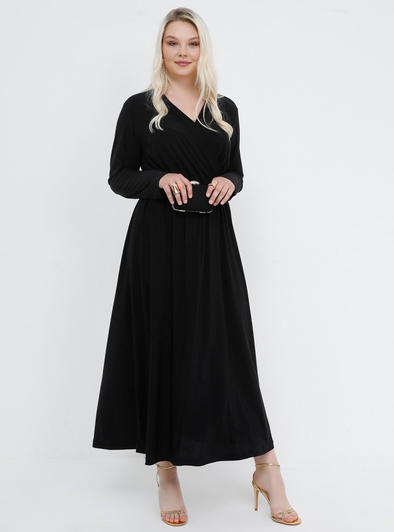 Alia Siyah Kruvaze Yakalı Beli Lastikli Elbise
