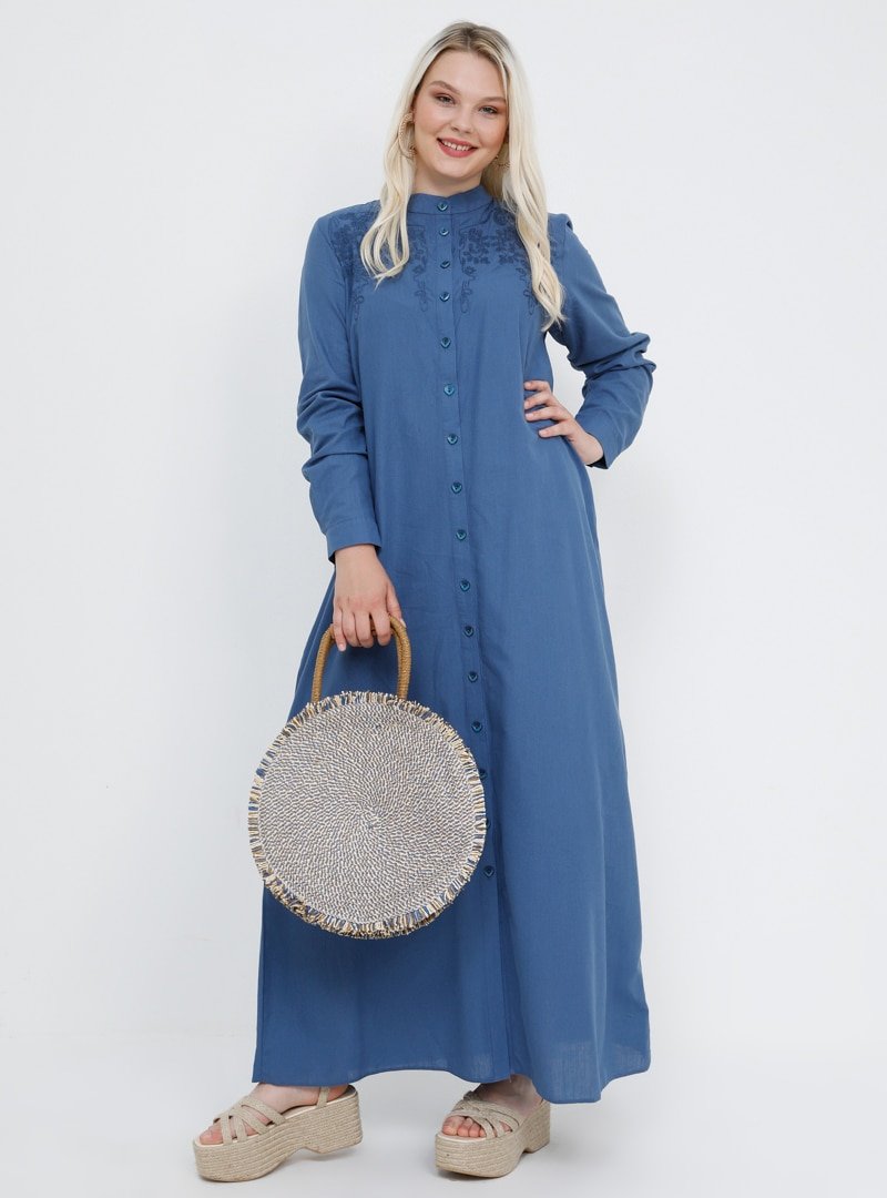 Alia İndigo Doğal Kumaşlı Boydan Düğmeli Nakışlı Elbise