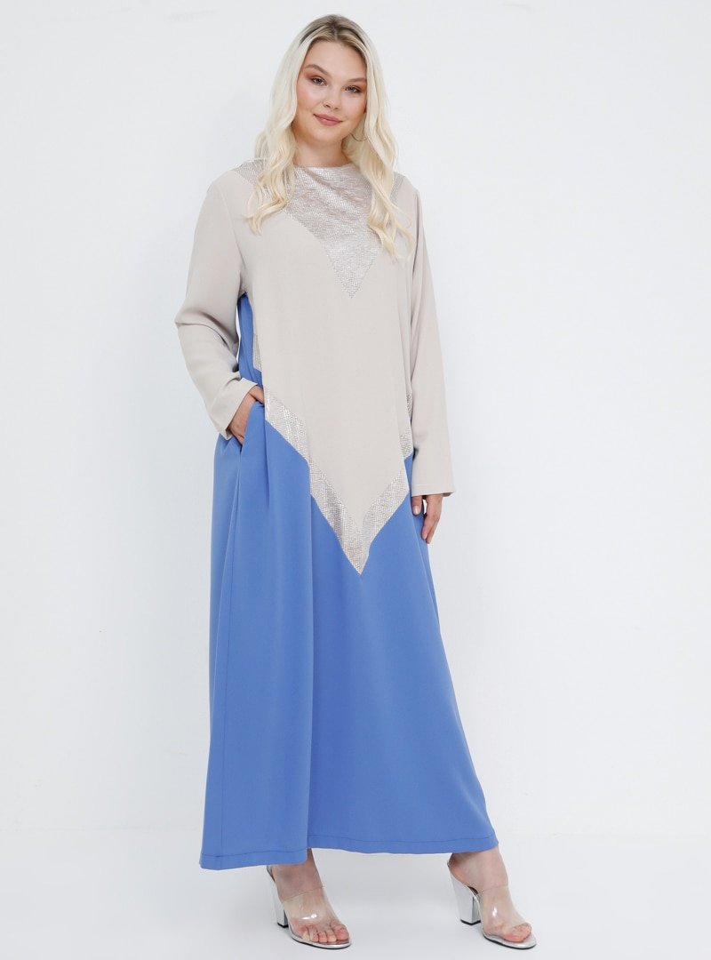 Alia Mavi Bej Cep Detaylı Garnili Abiye Elbise