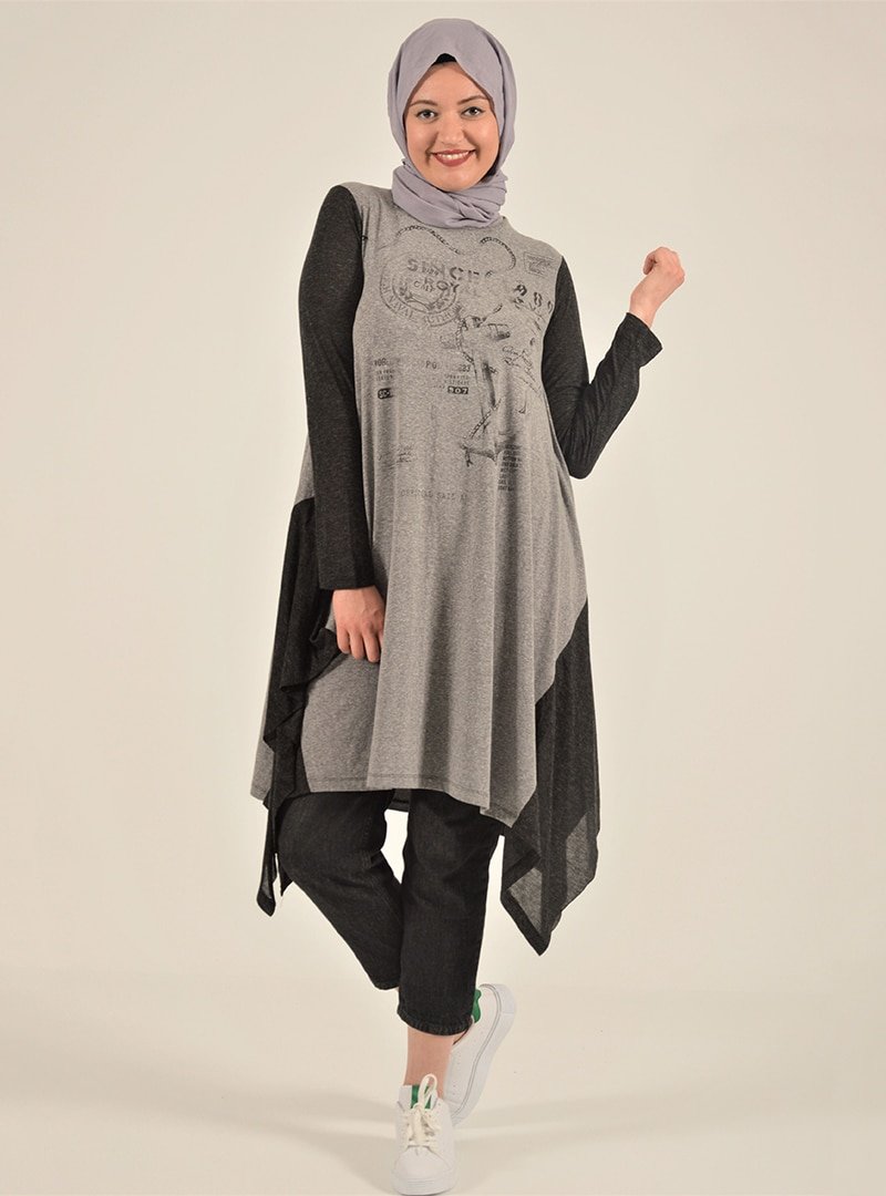 PLİSTRE Gri Asimetrik Kesim Tunik