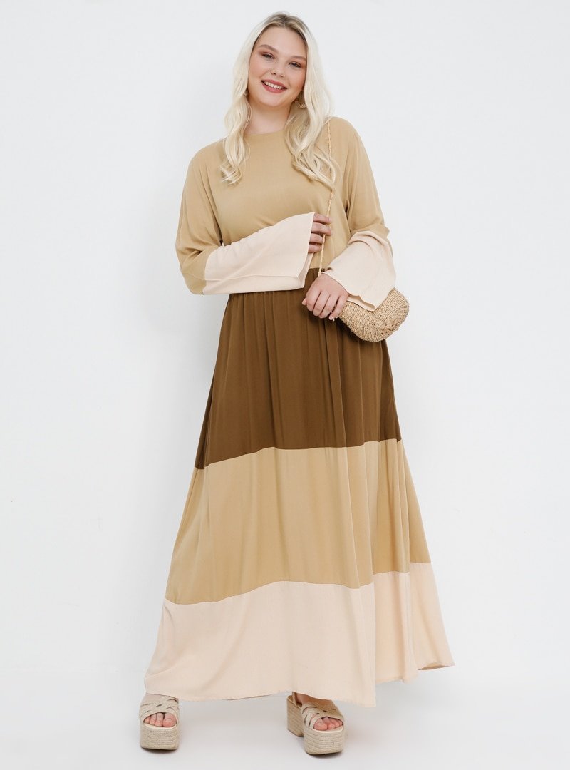 Alia Bej Kahverengi Doğal Kumaşlı Garnili Elbise
