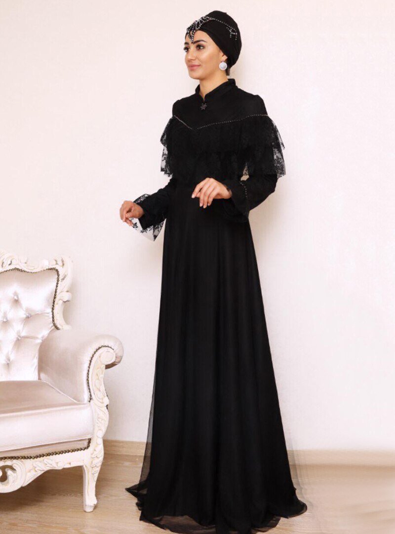 Neslihanedan Siyah Vintage Dantel Abiye Elbise