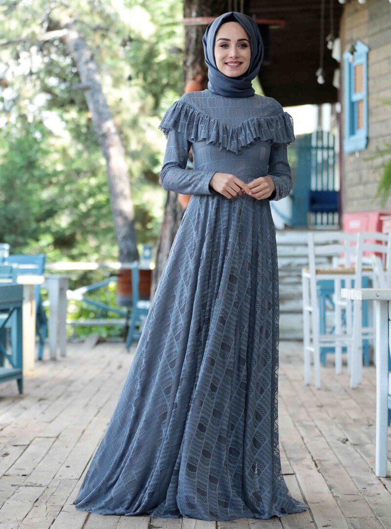 Gamze Özkul İndigo Vintage Dantel Abiye Elbise