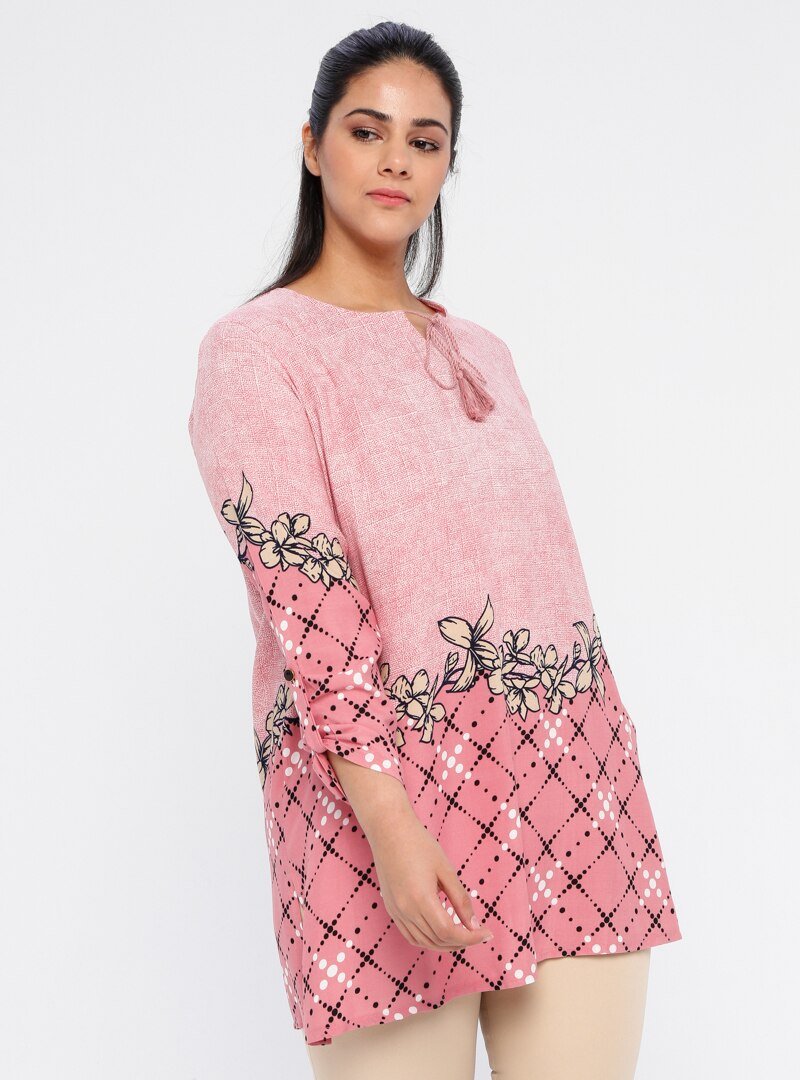 Genç Style Pudra Bağcık Detaylı Desenli Tunik