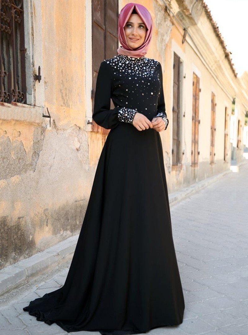 Fahrunnisa Siyah Taş İşlemeliAbiye Elbise