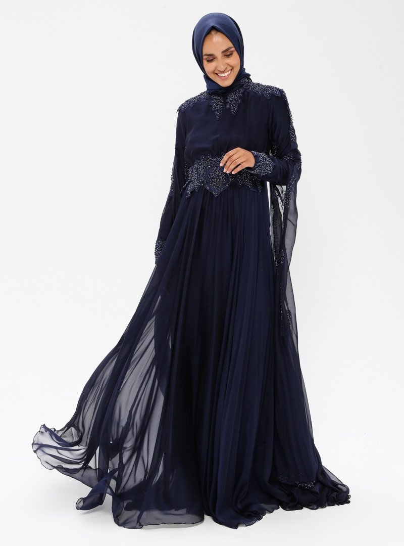 Moda Ravza Lacivert Önü Taşlı Janjan Abiye Elbise