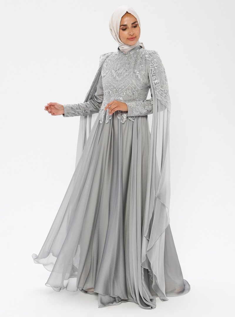 Moda Ravza Gri Elif Abiye Elbise