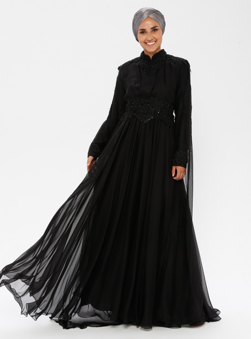 Moda Ravza Siyah Önü Taşlı Janjan Abiye Elbise