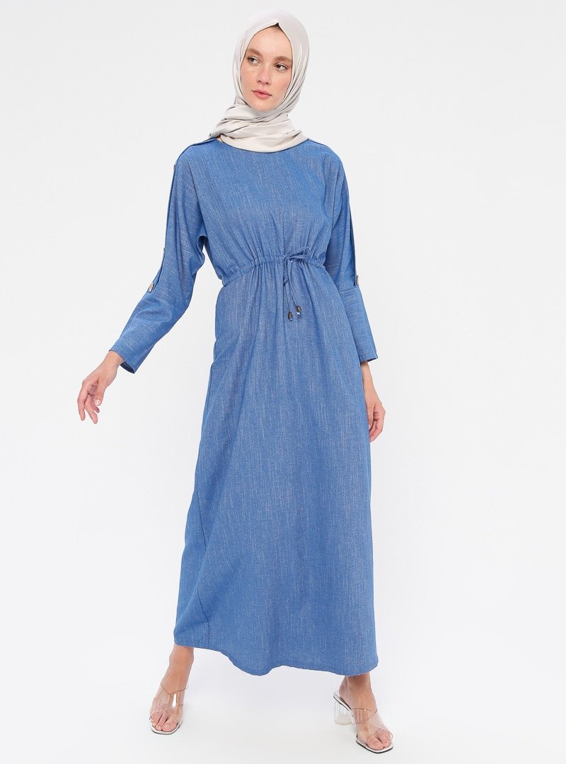 Dadali Mavi Beli Bağcıklı Elbise