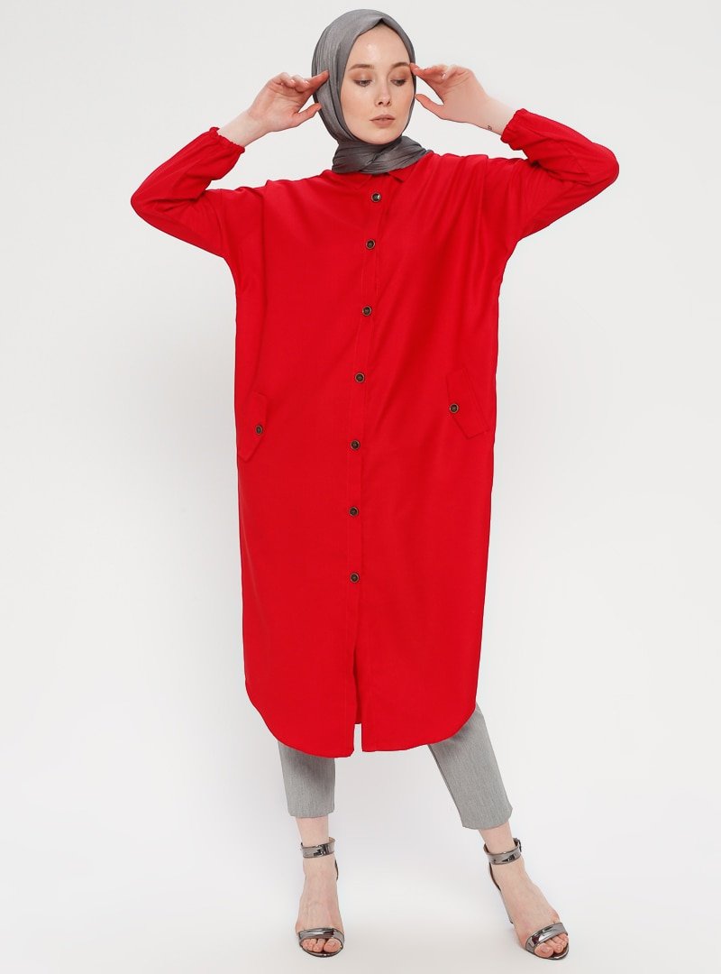 Loreen By Puane Kırmızı Cep Detaylı Tunik