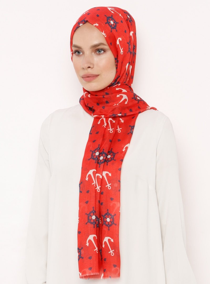 Soft Scarfs Kırmızı Çapalı Krep Şal