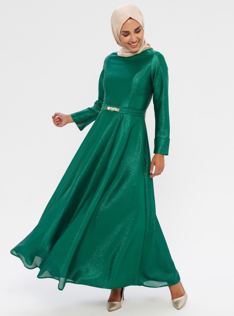 Mileny Yeşil Beli Detaylı Abiye Elbise
