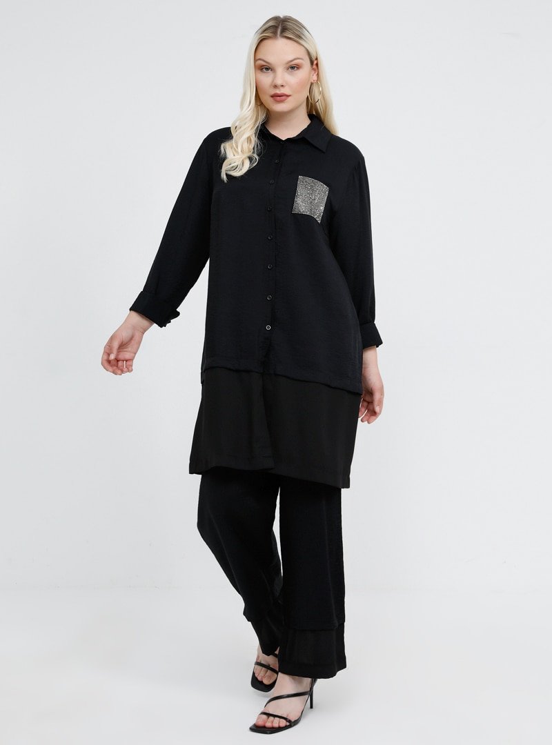 Alia Siyah Taşlı Tunik&Pantolon İkili Takım