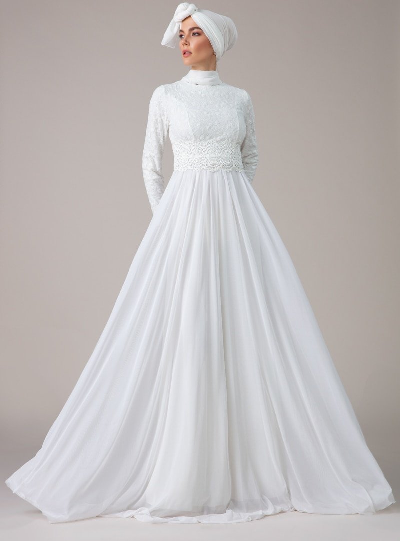 Mwedding Beyaz Güpür Detaylı Abiye Elbise