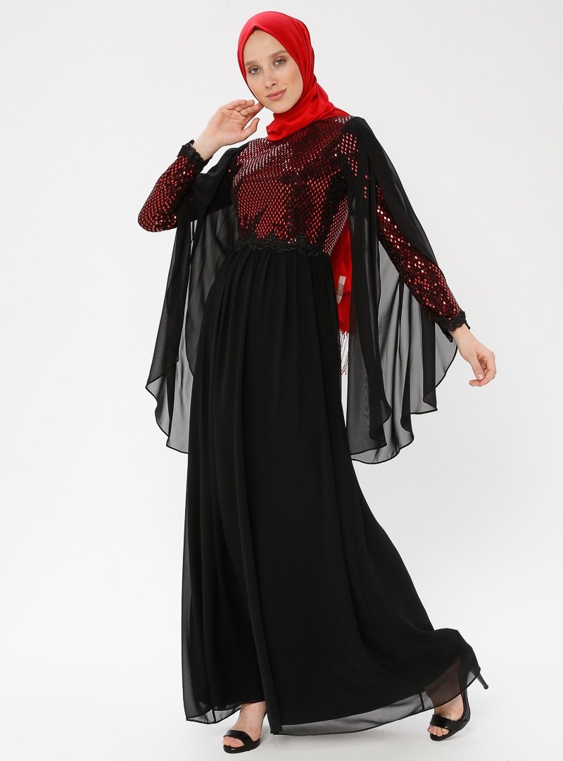 Arin Bordo Kol Ucu İşlemeli Pul Detaylı Şifon Abiye Elbise