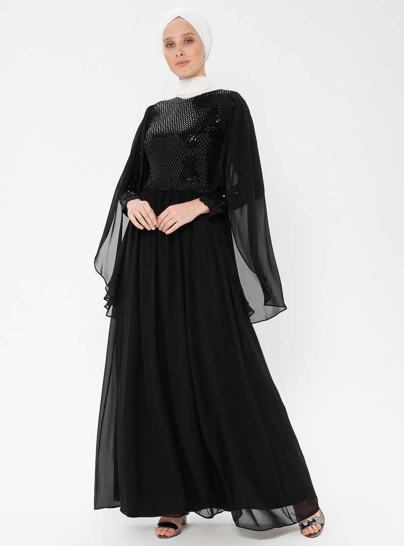 Arin Siyah Kol Ucu İşlemeli Pul Detaylı Şifon Abiye Elbise