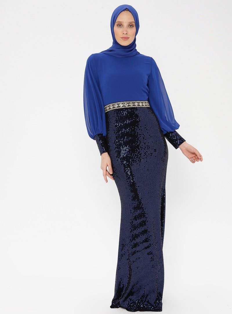 Arin Saks Mavisi Pul İşlemeli Şifon Balık Abiye Elbise