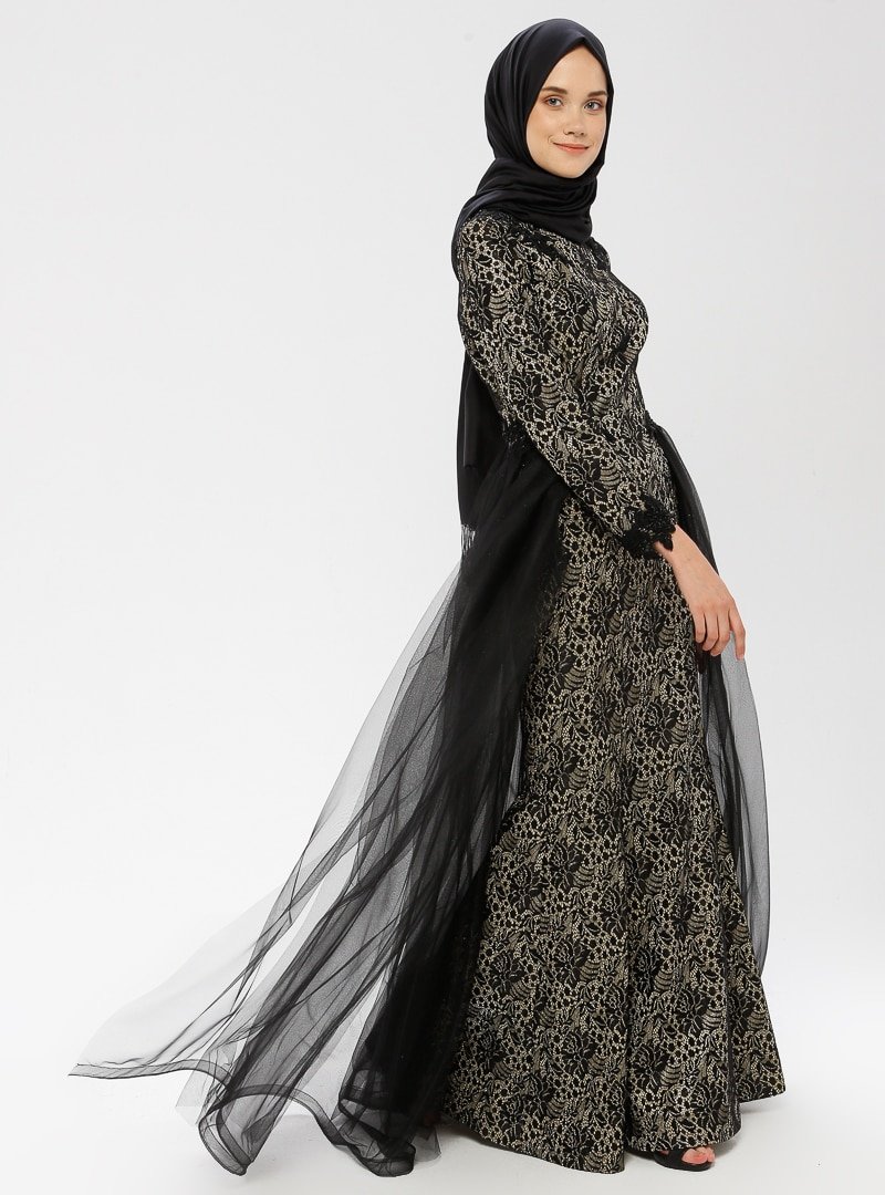 MODAYSA Siyah Dantelli Detaylı Abiye Elbise